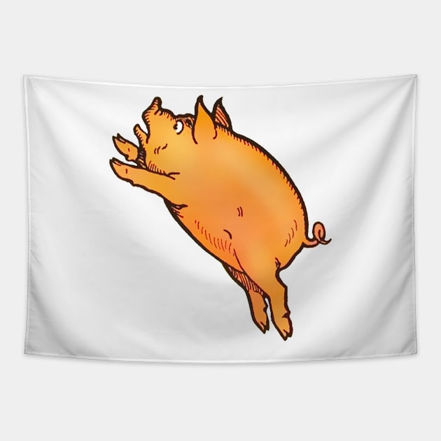 Comic yellow pig jumping Tapestry by Marccelus