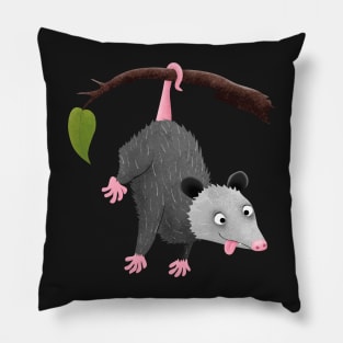 Cute funny opossum hanging from branch cartoon Pillow