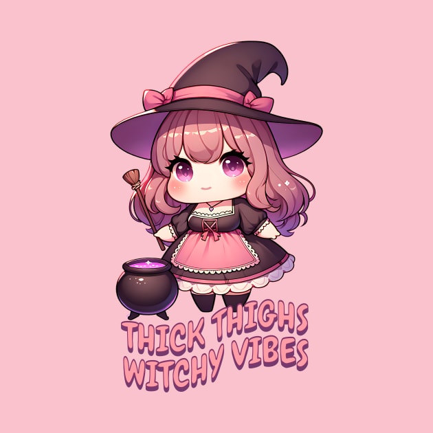 Thick Thighs Witchy Vibes Cute Kawaii Chubby Witch by WitchyArty