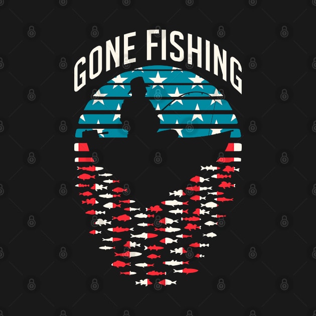 Gone Fishing Retro Sunset Funny Fisherman Dad USA Flag by Grandeduc