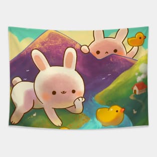 Giant Bunnies Playing with Ducks Tapestry