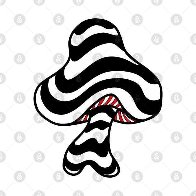 The Perfect Mushroom: Exotic Trippy Wavy Black and White Psychedelic Stripes Contour Lines with Red Underbelly by Ciara Shortall Art