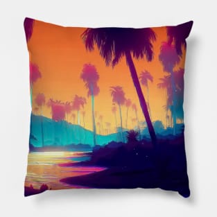 Retro vaporwave Palm beach with the ocean and sunset landscape Pillow