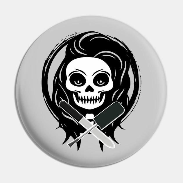 Female Nail Tech Skull and Manicurist Tools Black Logo Pin by Nuletto