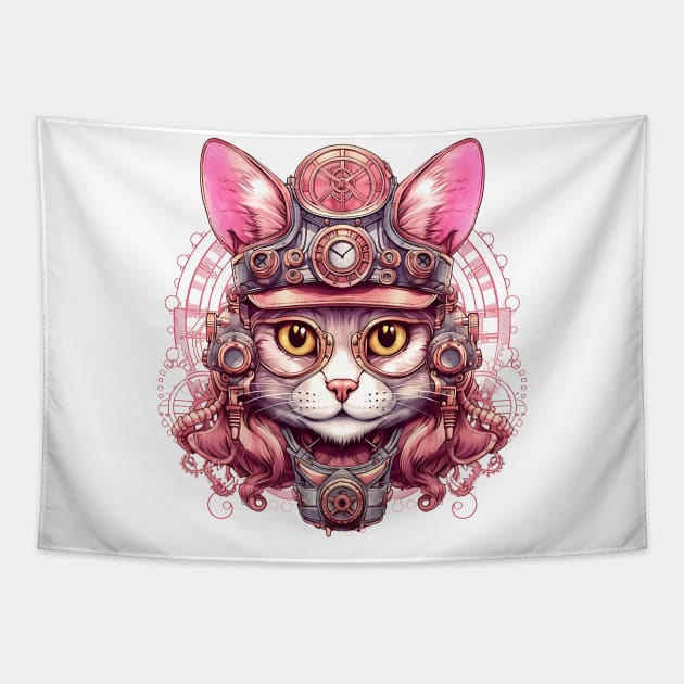 Pink Steampunk Cat Tapestry by Chromatic Fusion Studio