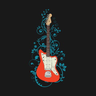 Red Offset Style Electric Guitar Flowering Vines T-Shirt