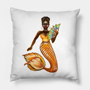 mermaid with gold scales and fan, tiara, necklace,brown eyes curly Afro hair and dark brown skin. Black mermaid Pillow