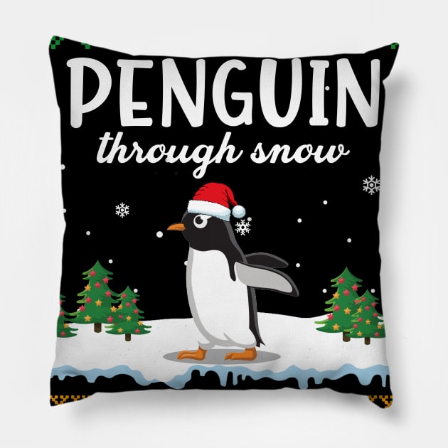 Penguin Through Snow Funny Christmas Costume Pillow by Dunnhlpp