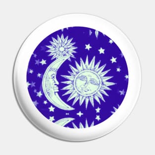 Vintage Celestial Sun Moon and Stars in Blue Pin