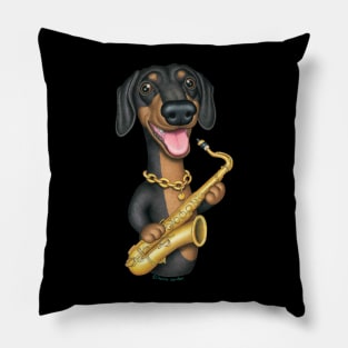 Cute Doxie Dog with saxophone on Dachshund Sax Player tee Pillow