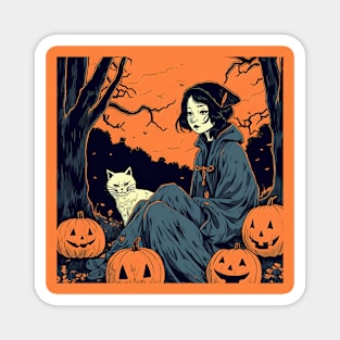 Halloween Sad Woman with Cat and coat Magnet