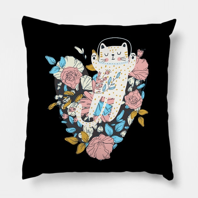 Cute Cat Austronaut Dreamer with Flowers Pillow by Cute Pets Graphically