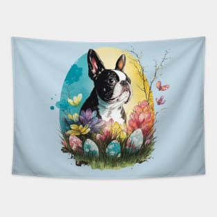 Boston Terrier dog Easter Egg Spring Floral Watercolor Painting Splatter Dog lover art Tapestry