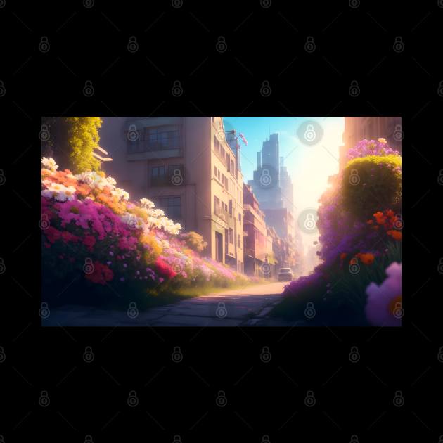 City street with beautiful flowers by WODEXZ