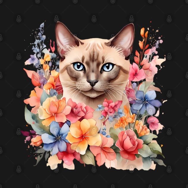 A tonkinese cat decorated with beautiful watercolor flowers by CreativeSparkzz