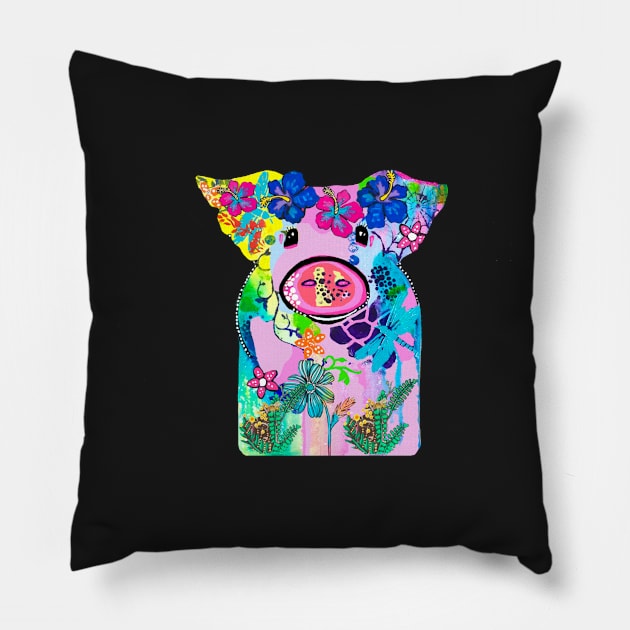 Pig with flowers in her hair Pillow by traceyart