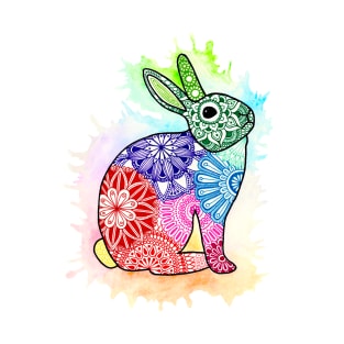 Rainbow rabbit mandala with watercolor splash T-Shirt