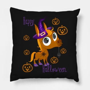 Whimsical Halloween: Funny baby horse in a wizard hat with spiderweb tattoo, chewing gum spider, and Jack-o'-Lantern - Happy Halloween Pillow