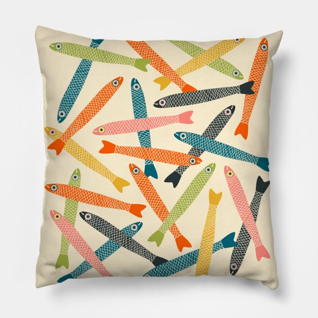 ANCHOVIES Bright Graphic Fun Groovy Fish in Vintage Orange Yellow Pink Blue Green Beige on Cream - Tossed Layout - UnBlink Studio by Jackie Tahara Pillow by UnBlink Studio by Jackie Tahara