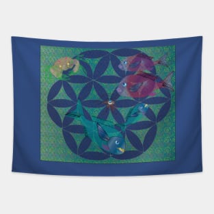 Ocean life in the circle of the flower of life Tapestry