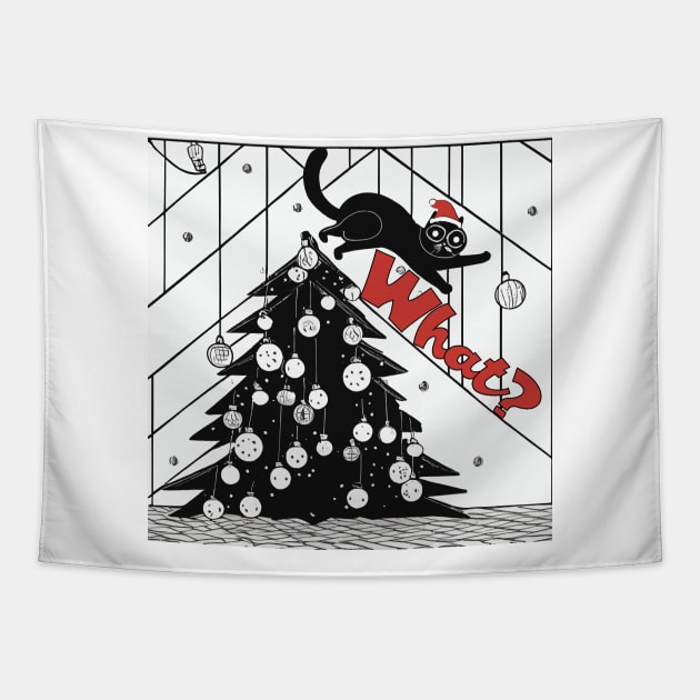 Funny Cat Christmas, Cat Knocking Over Christmas Tree, What Cat Tapestry by KnockingLouder