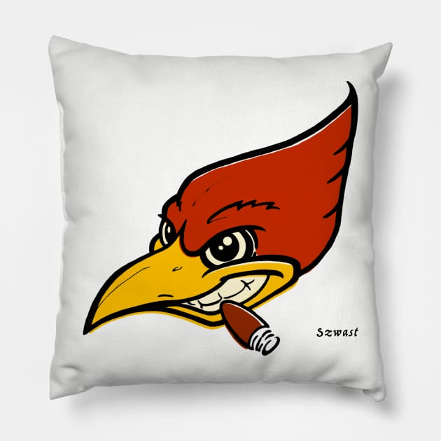 Crazed Woodpecker Automotive Mascot Pillow by Jeff Allyn Szwast