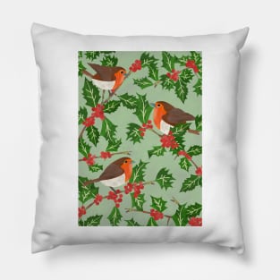 Three little paper cut robins on a holly bush Pillow