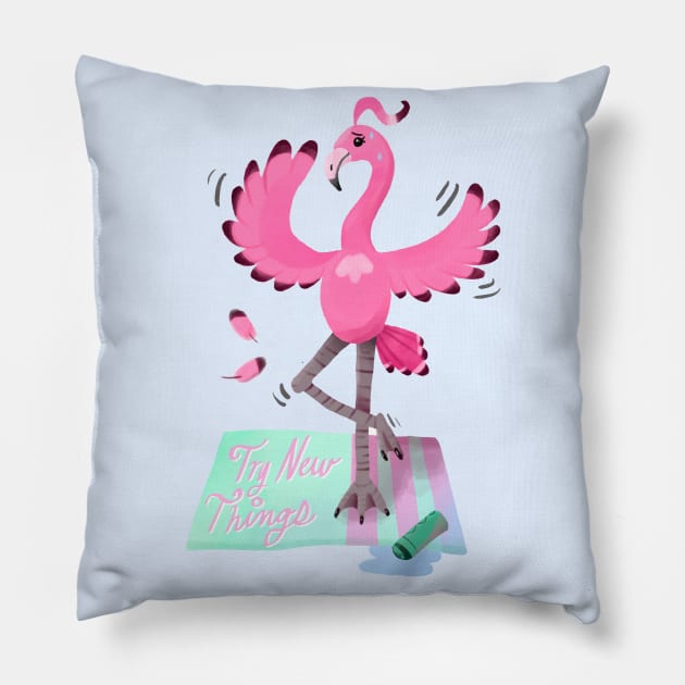 Try New Things with Yoga Flamingo in digital Pillow by narwhalwall