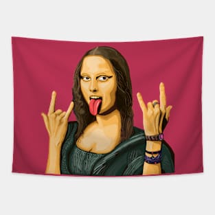 Mona Lisa rocks out - luxury painting no background - devil horns tongue out Tapestry