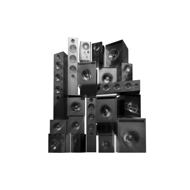 Tower of different size music speakers. by victorhabbick