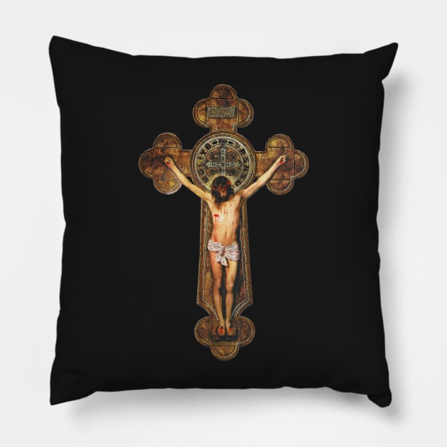 St Benedict Crucifix Cross Jesus Passion Stations of the Cross -  Via Crucis Pillow by hispanicworld