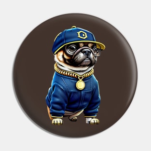 Cool Pug in Denim and Bling - Adorable Pug Wearing Hip Hop Style Clothing Pin