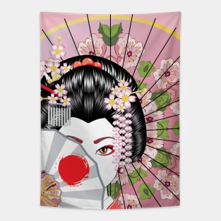 Geisha with floral Fan Tapestry