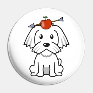 Cute white dog has an apple and arrow on head Pin