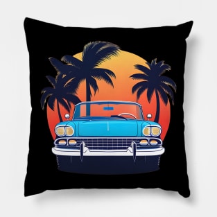 blue 1960s classic car with sun and palm trees Pillow