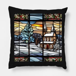 Stained glass panel of country church in Winter Pillow