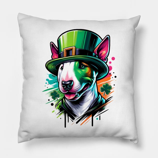 Miniature Bull Terrier Celebrates St Patrick's Day in Style Pillow by ArtRUs