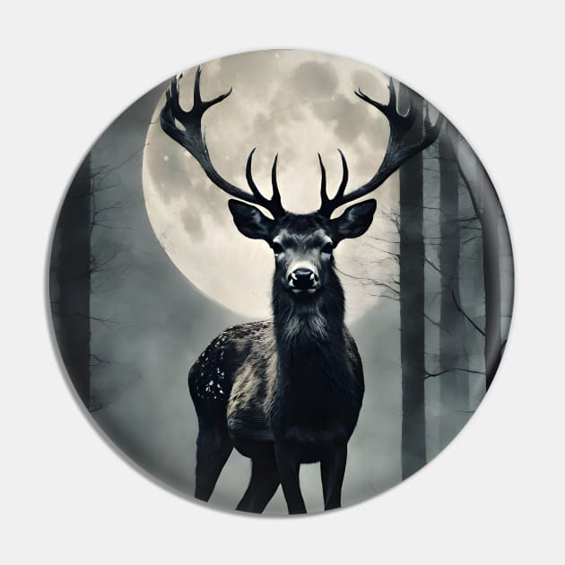 Deer in a Mysterious Dark Foggy Forest Vintage Art Pin by Art-Jiyuu