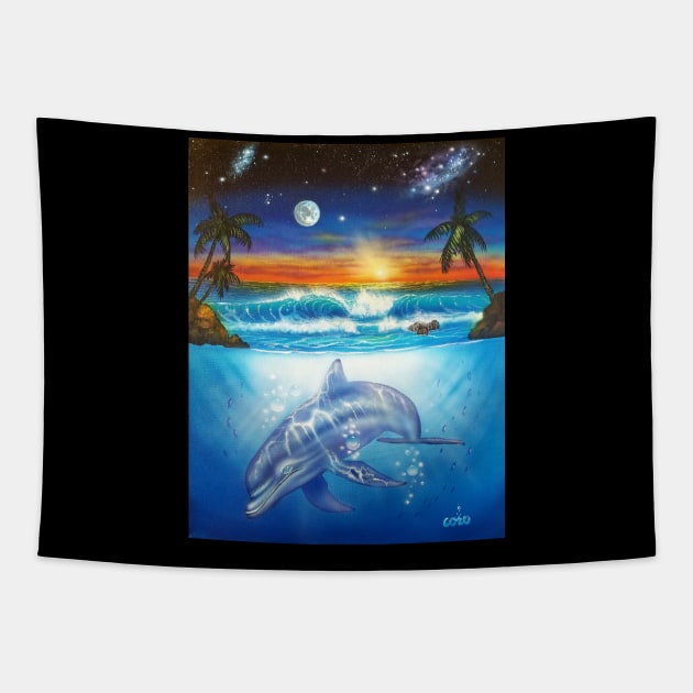 Dolphin three worlds Tapestry by Coreoceanart