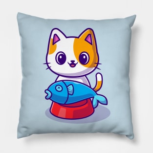 Cute Cat With Fish on Food Bowl Cartoon Pillow