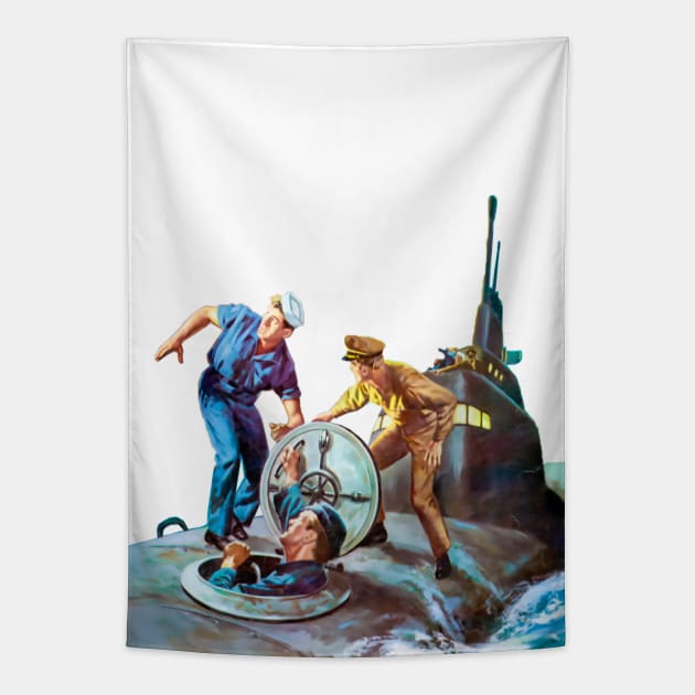 Deep Sea Terror: Startled Sailors and the Submarine Hatch Door Abyss Retro Vintage Comic Tapestry by REVISTANGO