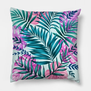 Pink & Teal Tropical Palm & Monstera Leaves Pillow