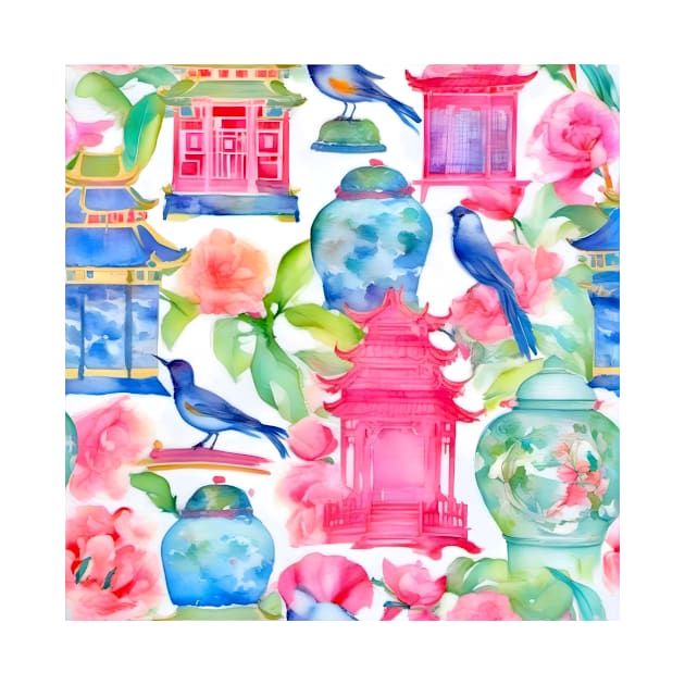 Pagodas, birds and chinoiserie jars in preppy colors by SophieClimaArt