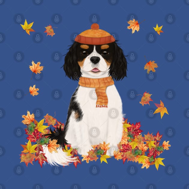 Tri Cavalier in Fall Leave, Tri Colored Cavalier King Charles Spaniel by Cavalier Gifts