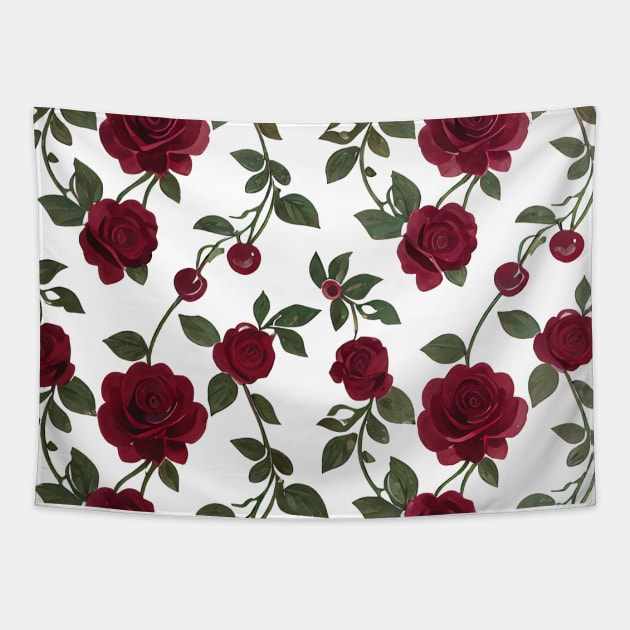 Cherry Rose pattern - luxury pattern - Painting Style - Surreal Pattern series - P1 - by fogsj - I always want both cherries and roses to be the same plant but it's impossible so... yea Tapestry by FOGSJ