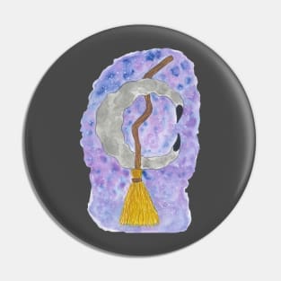 Silver Moon and Witch Broomstick Against the Starry Night Sky Hand Drawn Watercolor and Ink Artwork Pin