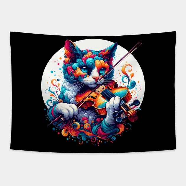 Devon Rex Cat Playing Violin Tapestry by Graceful Designs