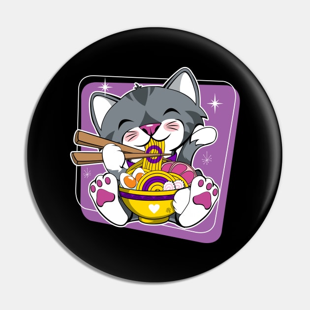 Cat Eating Ramen Intersex Pride Pin by CuddleswithCatsArt