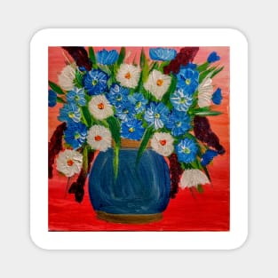 Some mixed abstract flowers in a blue and gold vase Magnet