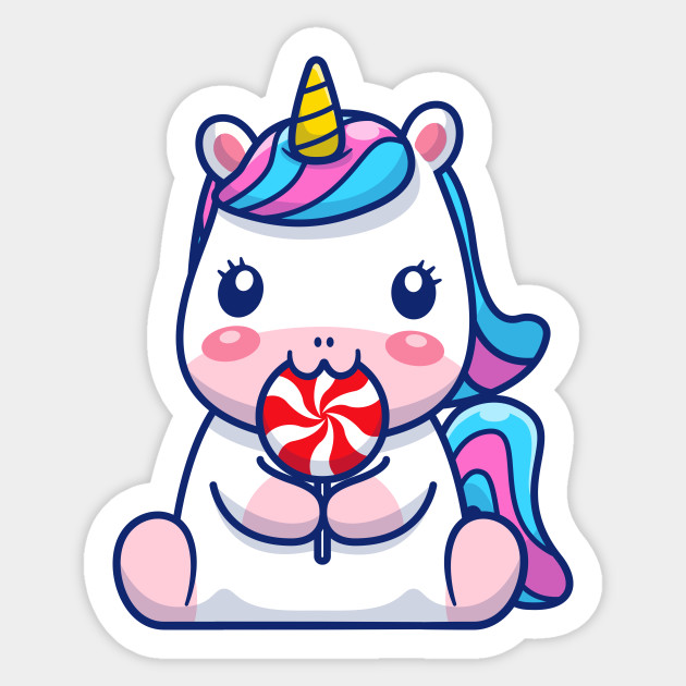 Cute Unicorn Eating Lollipop Cartoon - Unicorn - Sticker